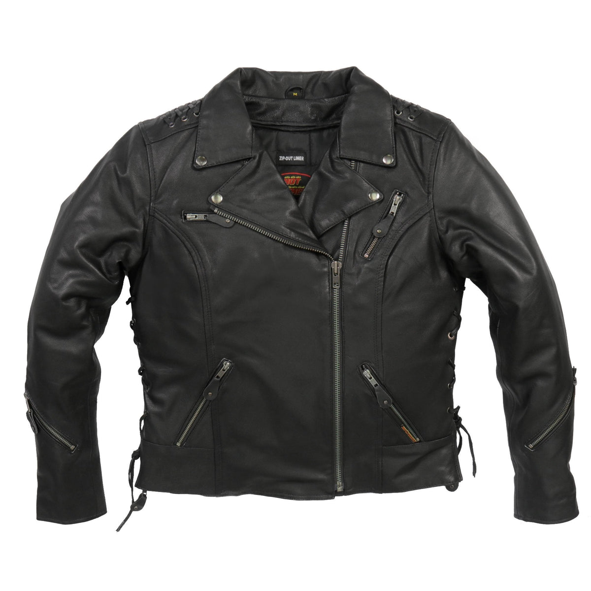 Hot Leathers JKL1027 Ladies Black Lace Detail Leather Motorcycle Jacket with Deep Utility Pockets
