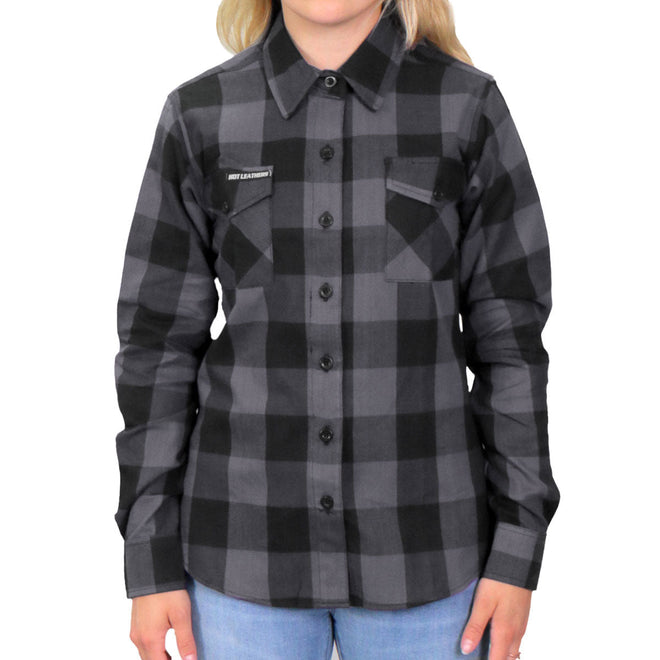 Hot Leathers ladies long sleeve cotton flannel shirt in black and gray with a casual, comfortable fit.