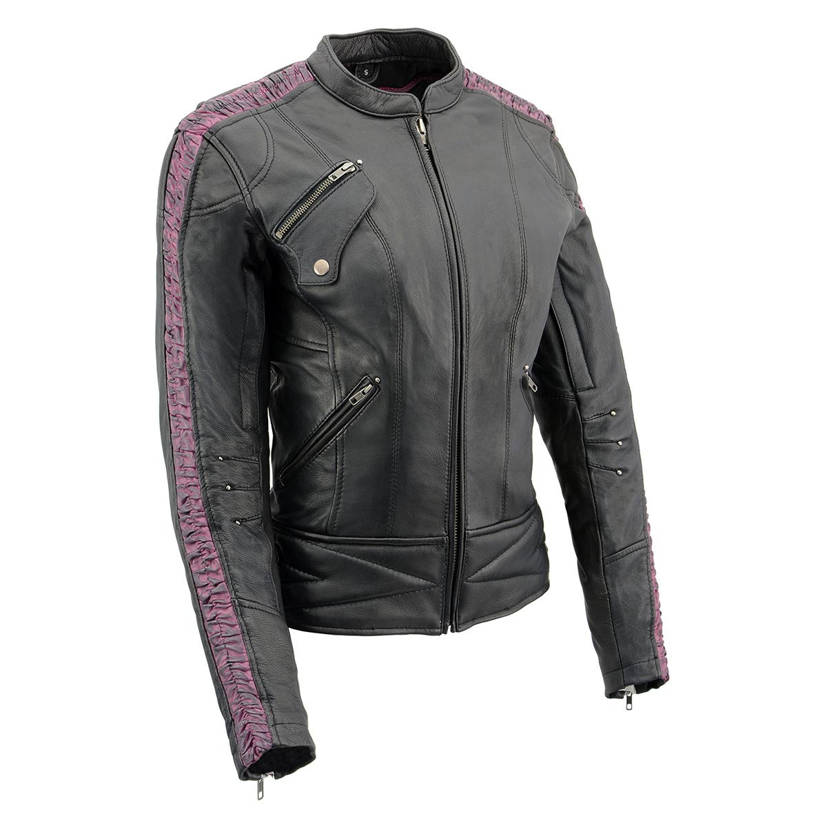 Milwaukee Leather women's black and purple crinkled arm lightweight racer jacket, stylish design and slim fit.