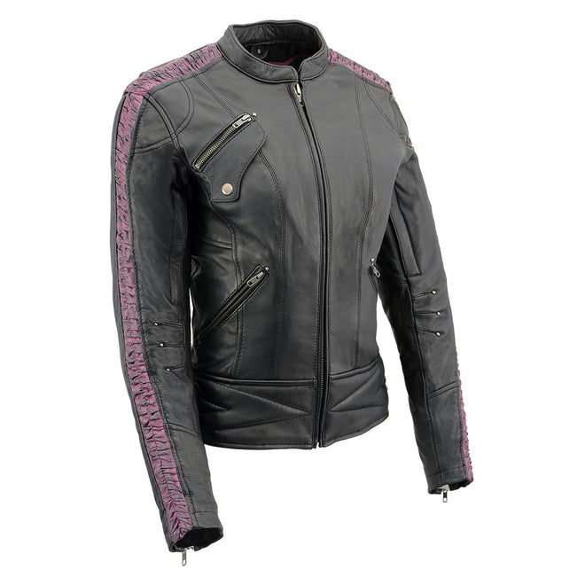 Milwaukee Leather women's black and purple crinkled arm lightweight racer jacket, stylish design and slim fit.