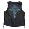Black leather women's vest with Fleur De Lis cross design by Hot Leathers, featuring front button closure and stylish details.