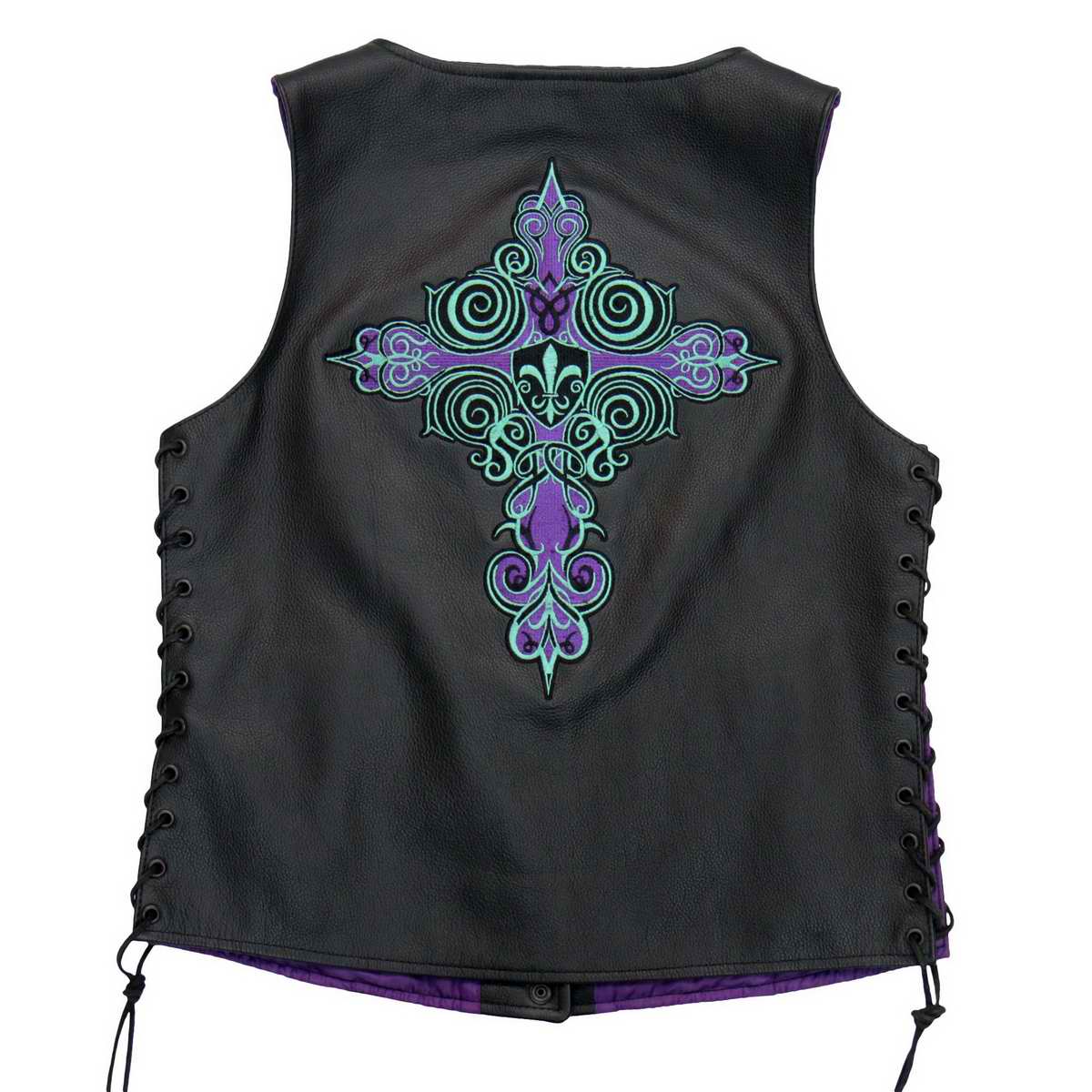 Black leather women's vest with Fleur De Lis cross design by Hot Leathers, featuring front button closure and stylish details.