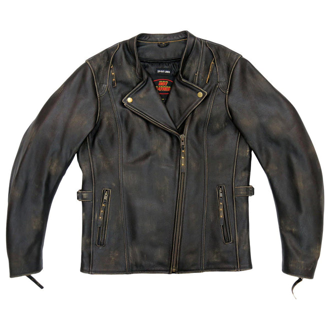 Hot Leathers distressed brown leather jacket for women with vented design, stylish and durable women's motorcycle jacket.