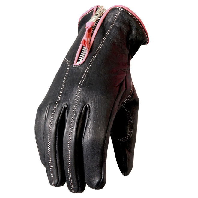 Hot Leathers ladies driving gloves with pink piping, stylish leather gloves designed for a comfortable fit and classic look.