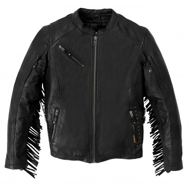 Hot Leathers JKL1028 Ladies Black Studs and Fringe Leather Jacket with Deep Utility Pockets