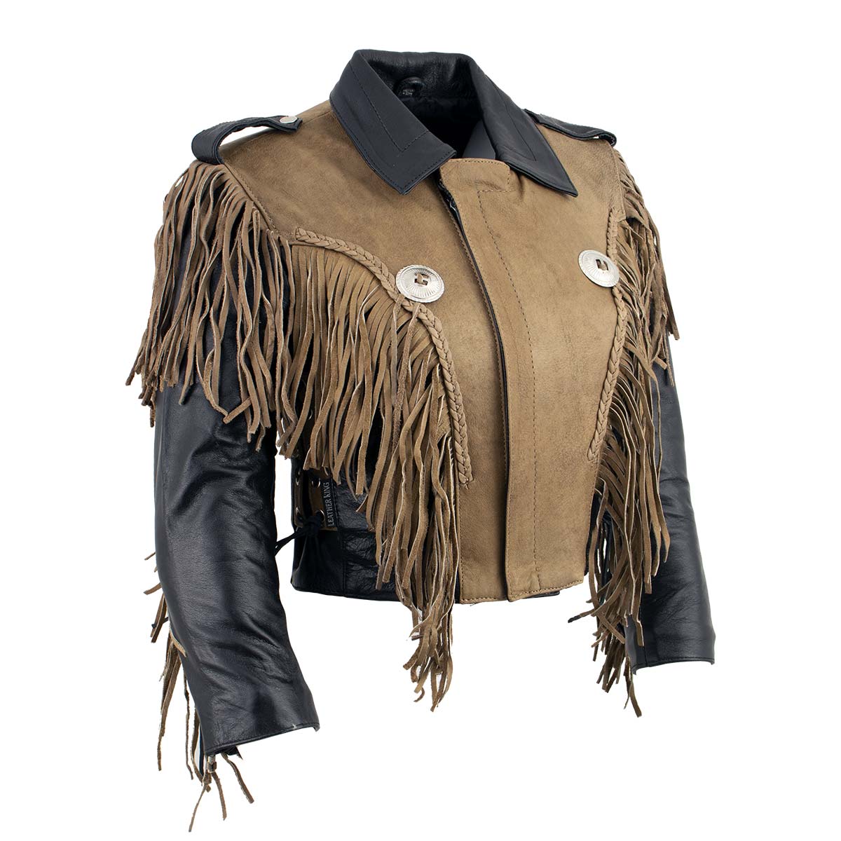 Milwaukee Leather women's fringed cropped two-tone leather jacket with braiding detail, featuring fringe accents and stylish design.