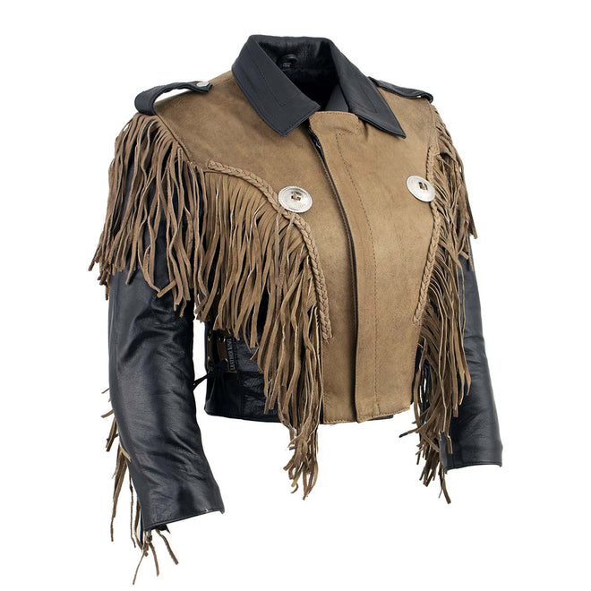 Milwaukee Leather women's fringed cropped two-tone leather jacket with braiding detail, featuring fringe accents and stylish design.