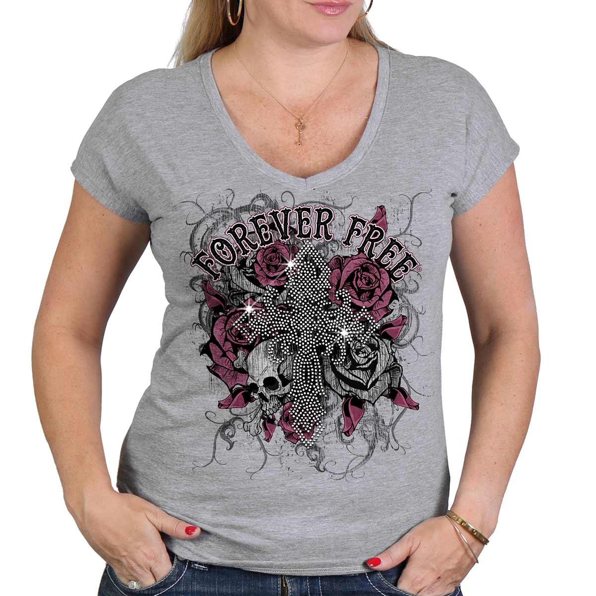 Heather gray Hot Leathers Forever Free Cross bling T-shirt for ladies, featuring a stylish design and casual fit.