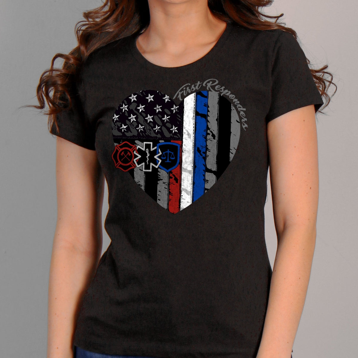 Black Hot Leathers ladies' Heart First Responders T-shirt with event date, featuring a heart graphic and bold lettering.