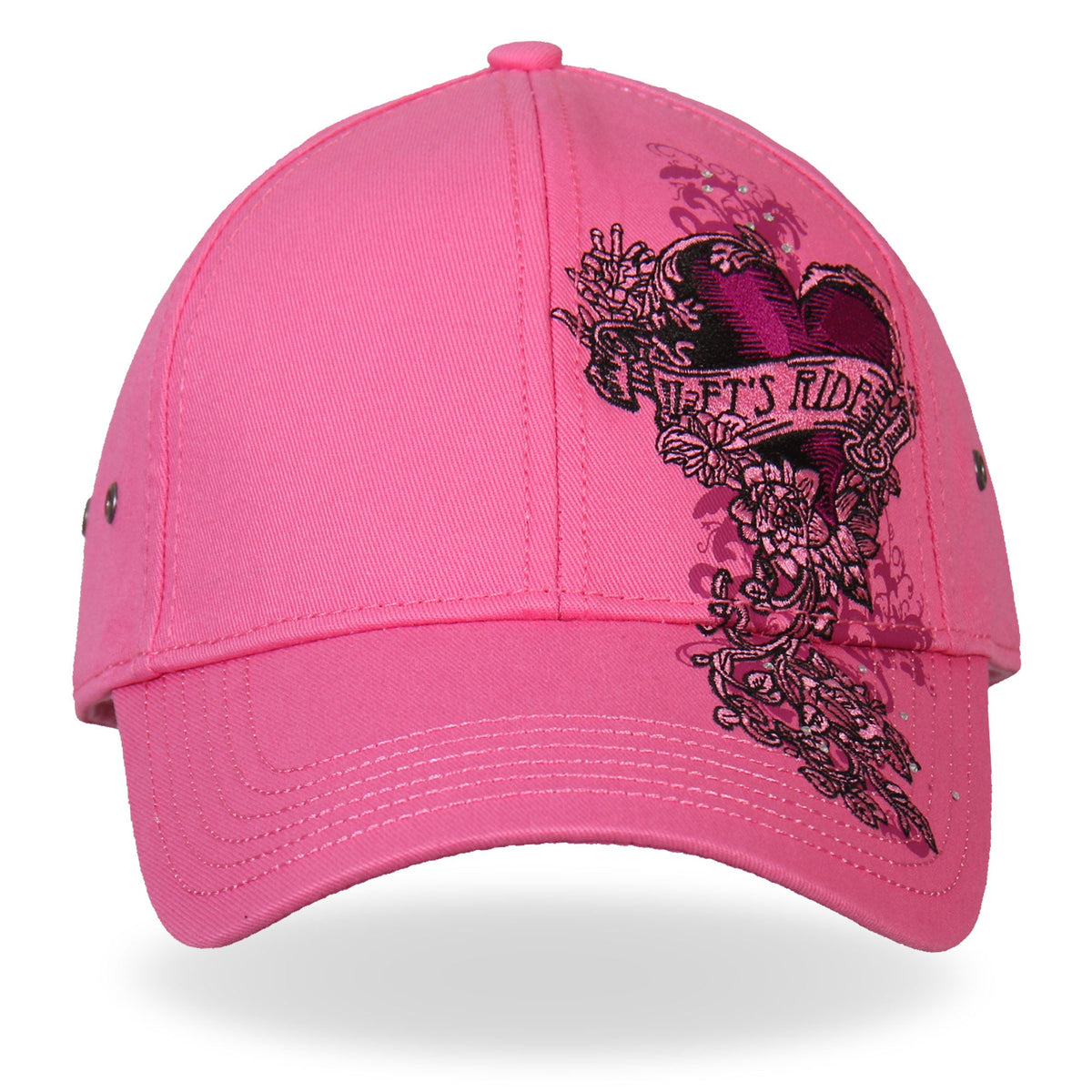 Pink heart embroidered ladies' baseball cap by Hot Leathers with "Let's Ride" text and adjustable strap.