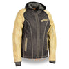 Milwaukee Leather women's hooded denim and leather scuba jacket in black and beige with two-tone design and stylish details.
