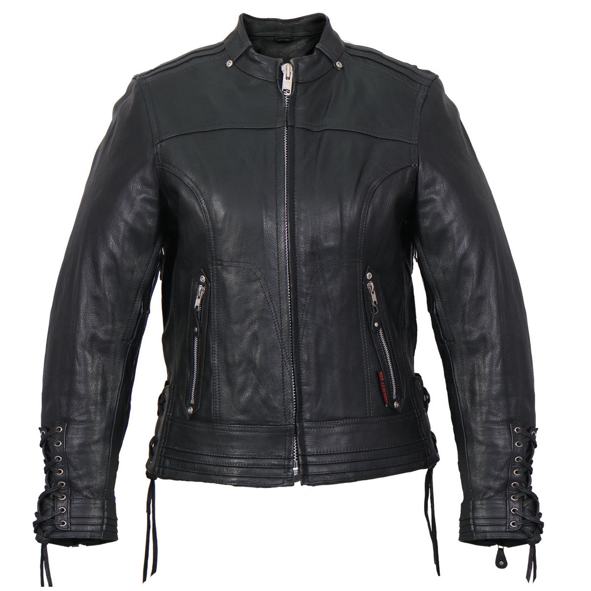 Hot Leathers ladies lace-up leather jacket for women, stylish black jacket with lace-up sleeves and classic design.