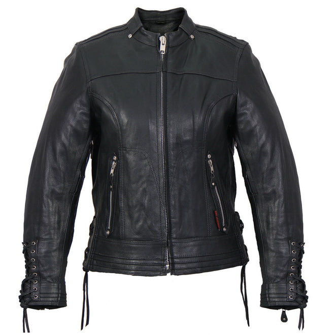 Hot Leathers ladies lace-up leather jacket for women, stylish black jacket with lace-up sleeves and classic design.