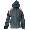 Milwaukee Leather NexGen Ladies black, beige, and orange waterproof rain suit with hood, designed for wet weather protection.