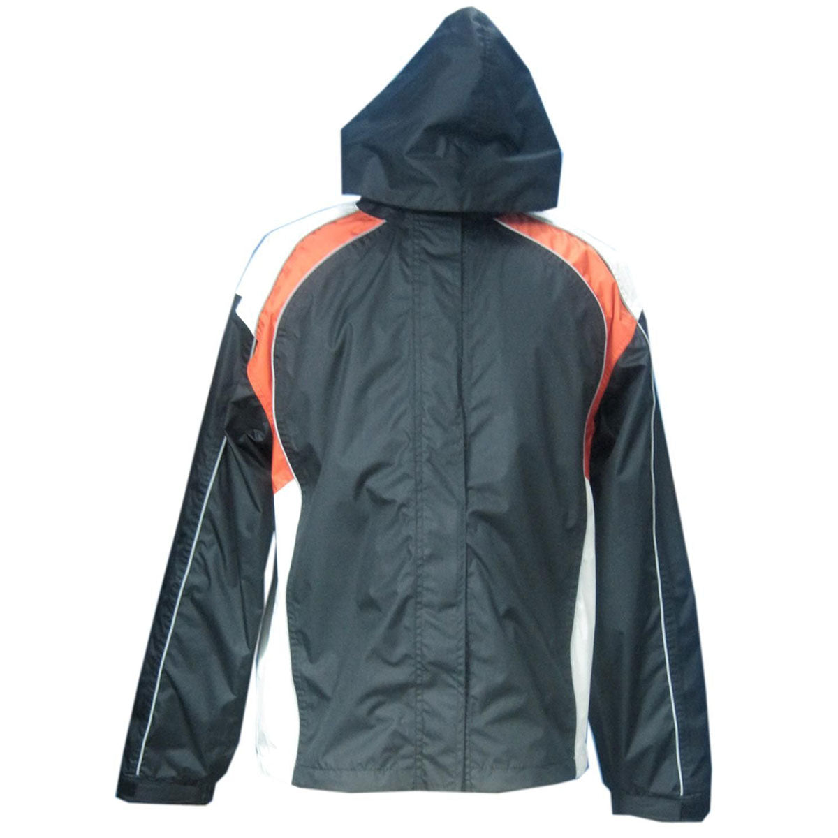 Milwaukee Leather NexGen Ladies black, beige, and orange waterproof rain suit with hood, designed for wet weather protection.