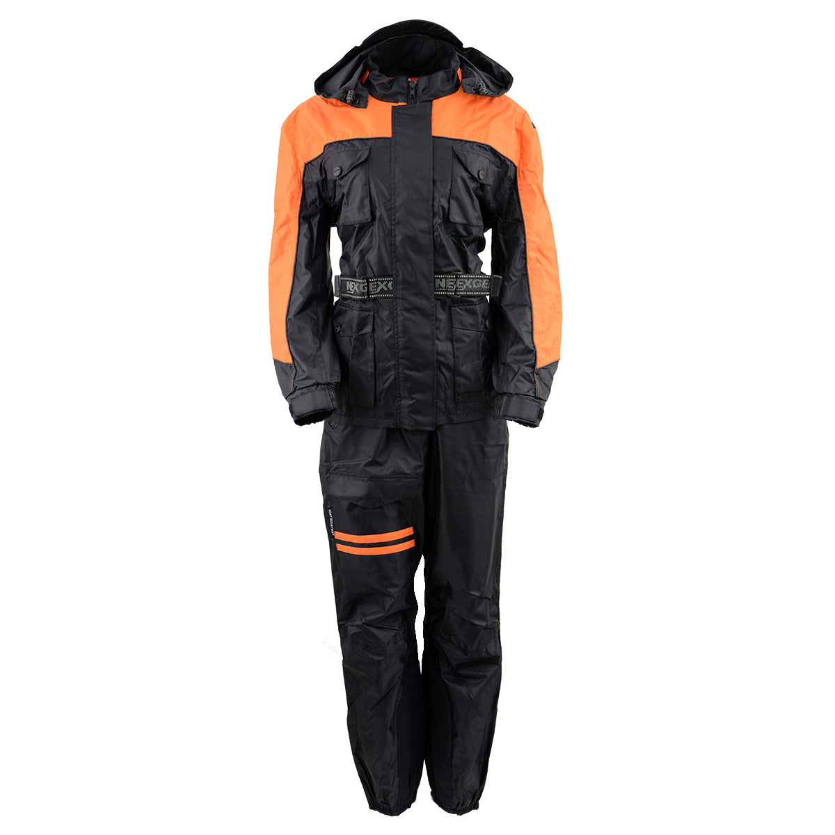 Milwaukee Leather NexGen Ladies waterproof rain suit with orange and black armored hooded design, ideal for wet weather protection.