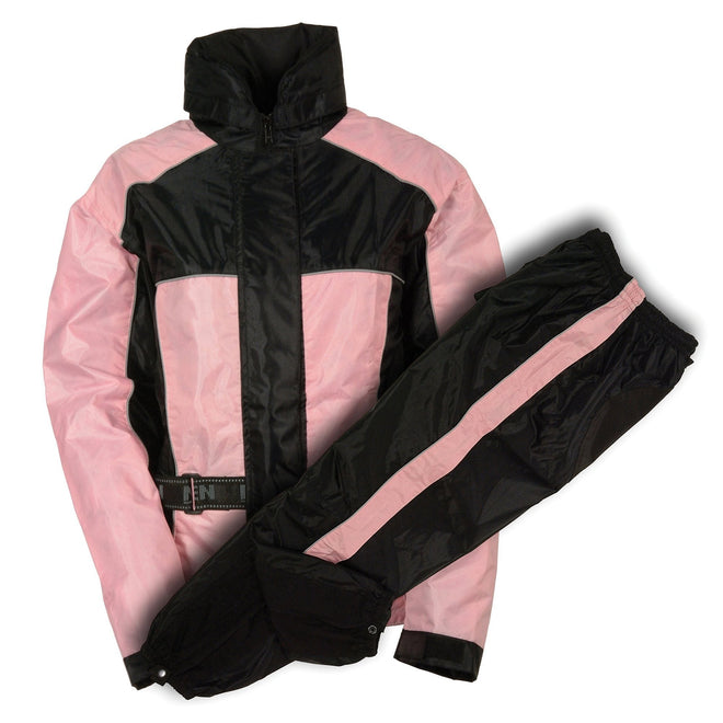 Milwaukee Leather pink and black waterproof rain suit for women, stylish Oxford rain gear with hood and full coverage.