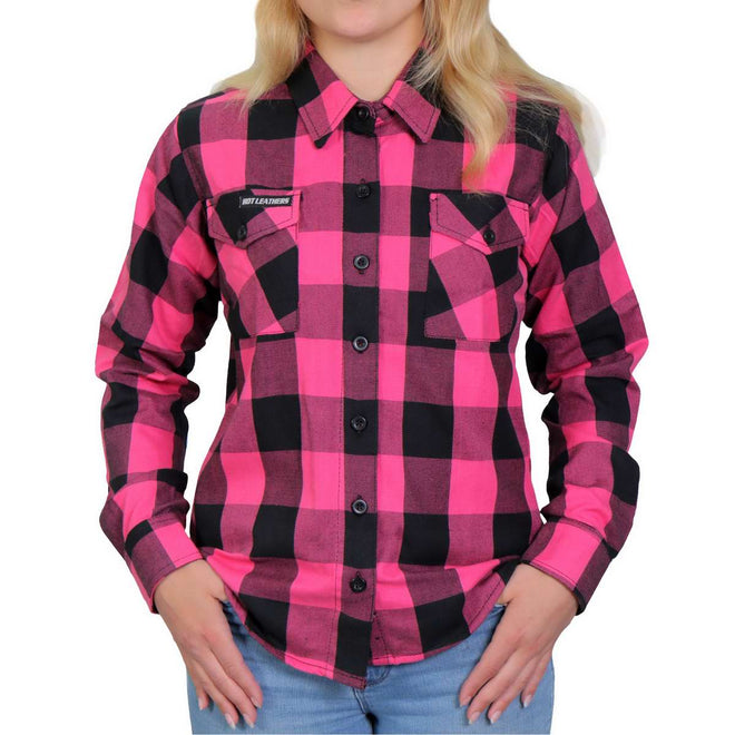 Hot Leathers ladies black and pink long sleeve flannel shirt, stylish textile clothing with contrasting sleeve colors.