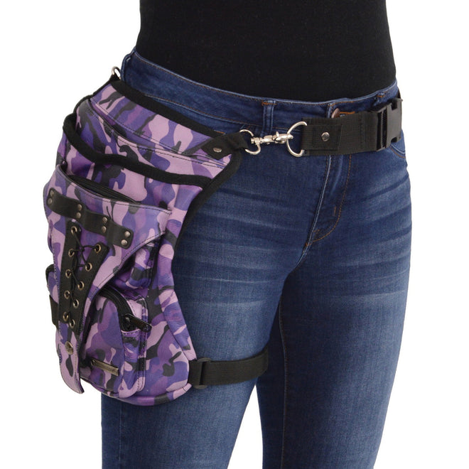 Milwaukee Leather MP8886 Ladies Purple Leather Camouflage Utility-Pocket Black Thigh Bag and Holster; includes a deep utility pocket
