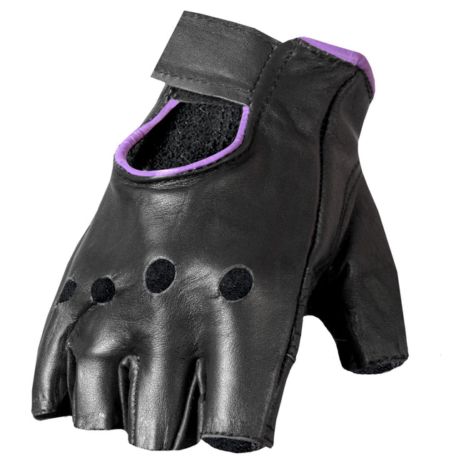 Hot Leathers ladies purple fingerless gloves with piping, stylish leather gloves for women featuring a trendy design.