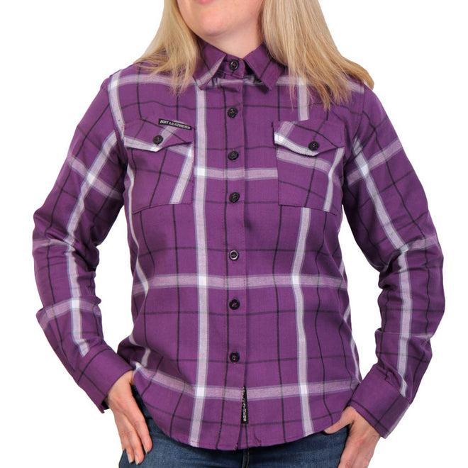 Hot Leathers women's purple, white, and black flannel shirt made of soft textile fabric, featuring a classic button-up design.