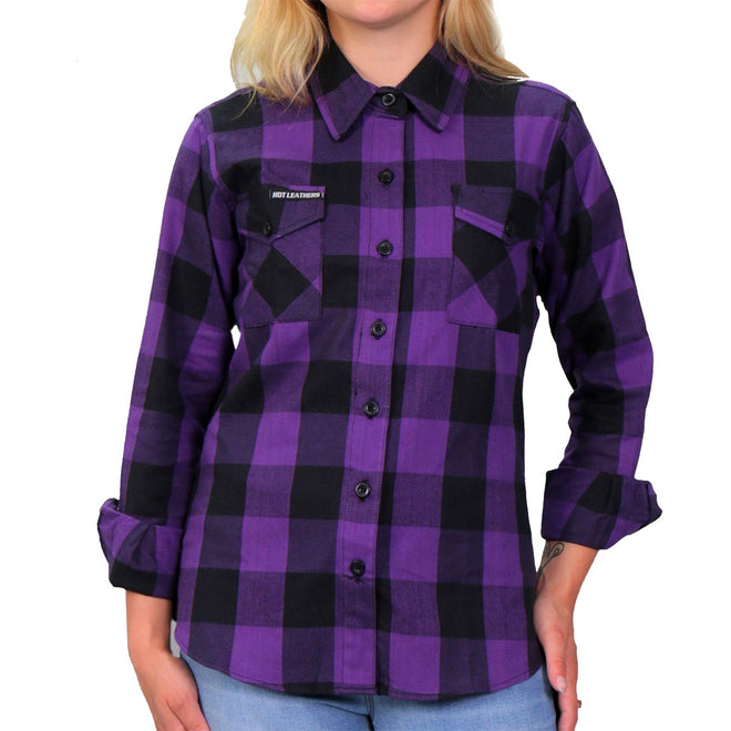 Hot Leathers women's black and purple long sleeve flannel shirt with a classic plaid pattern and button-up front.