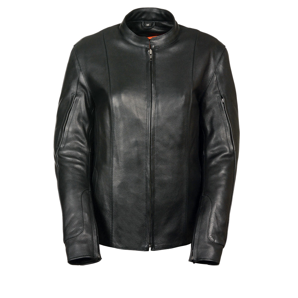 Milwaukee Leather women's black racer leather motorcycle jacket with fitted design and zippered front.