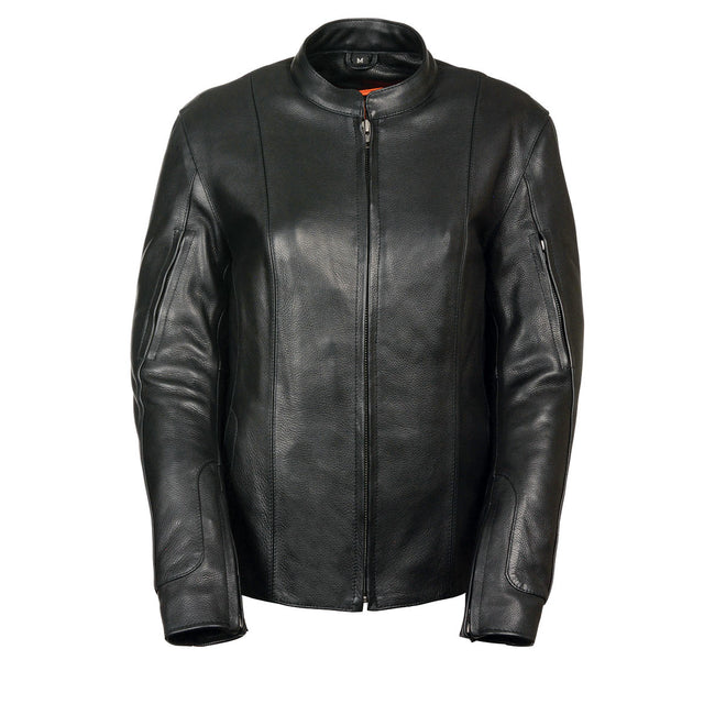 Milwaukee Leather women's black racer leather motorcycle jacket with fitted design and zippered front.