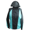 Milwaukee Leather NexGen ladies black and turquoise waterproof rain suit with hood, designed for outdoor protection.