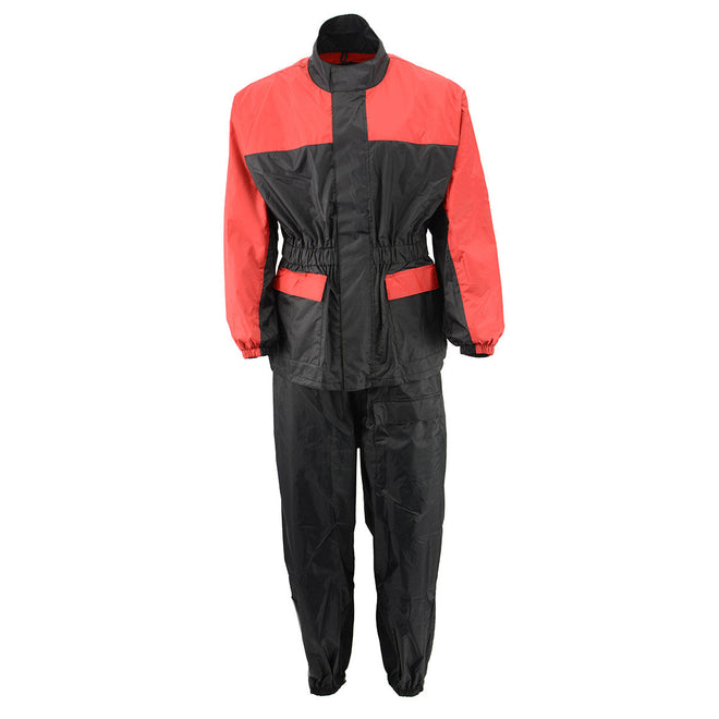 Milwaukee Leather NexGen Ladies XS5031 red and black waterproof rain suit with cinch sides, designed for women.