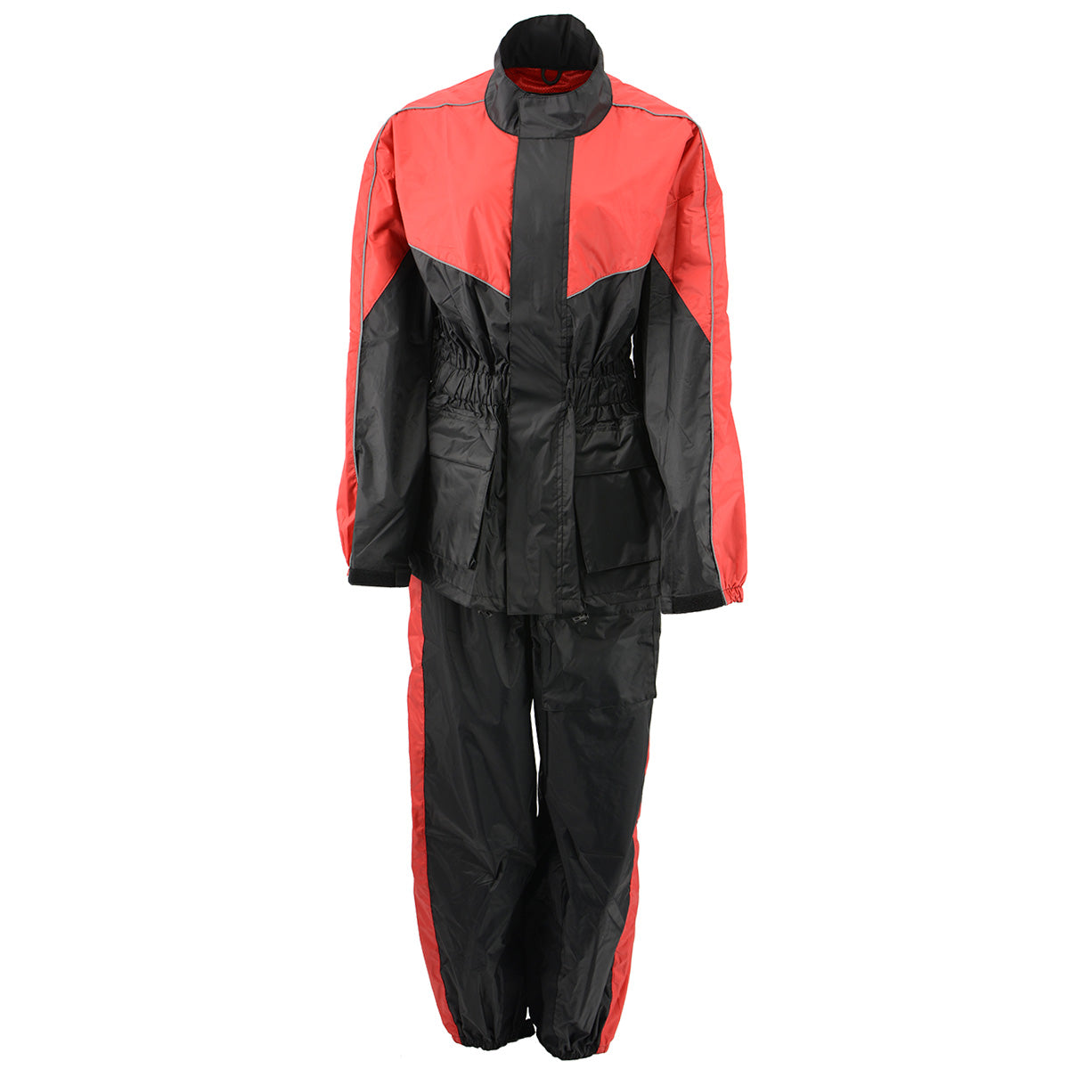 Milwaukee Leather women's XS5001 black and red waterproof rain suit with reflective piping, designed for outdoor protection.