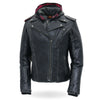 Black leather women's jacket with removable hoodie by Hot Leathers, featuring a stylish design and zip-up front.