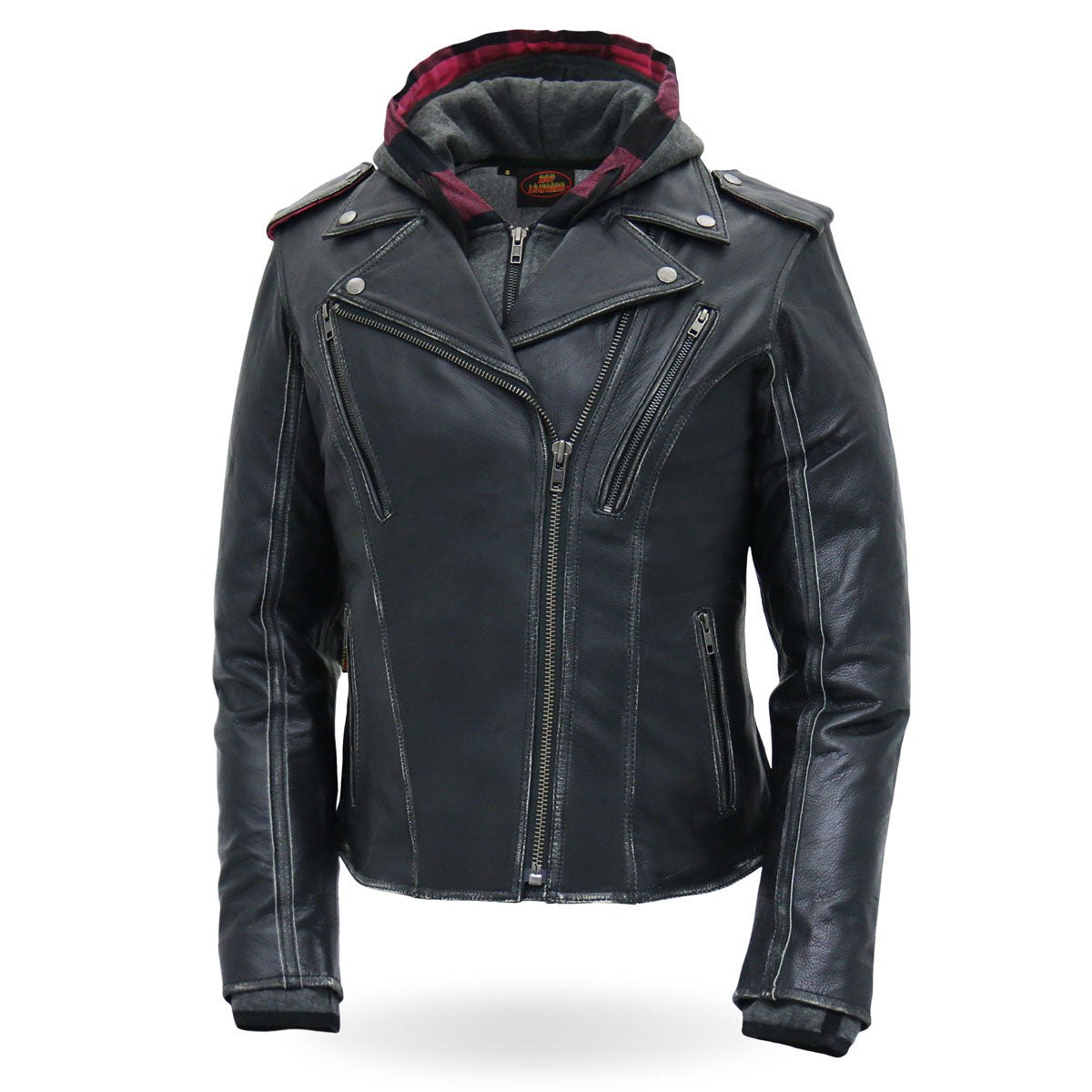 Black leather women's jacket with removable hoodie by Hot Leathers, featuring a stylish design and zip-up front.
