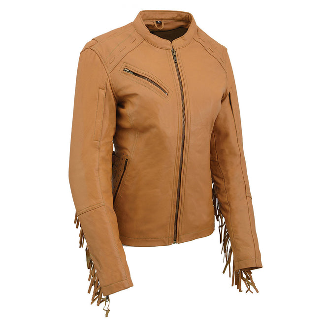 Milwaukee Leather women's fringed racer saddle leather jacket with lightweight design and stylish fringe details.