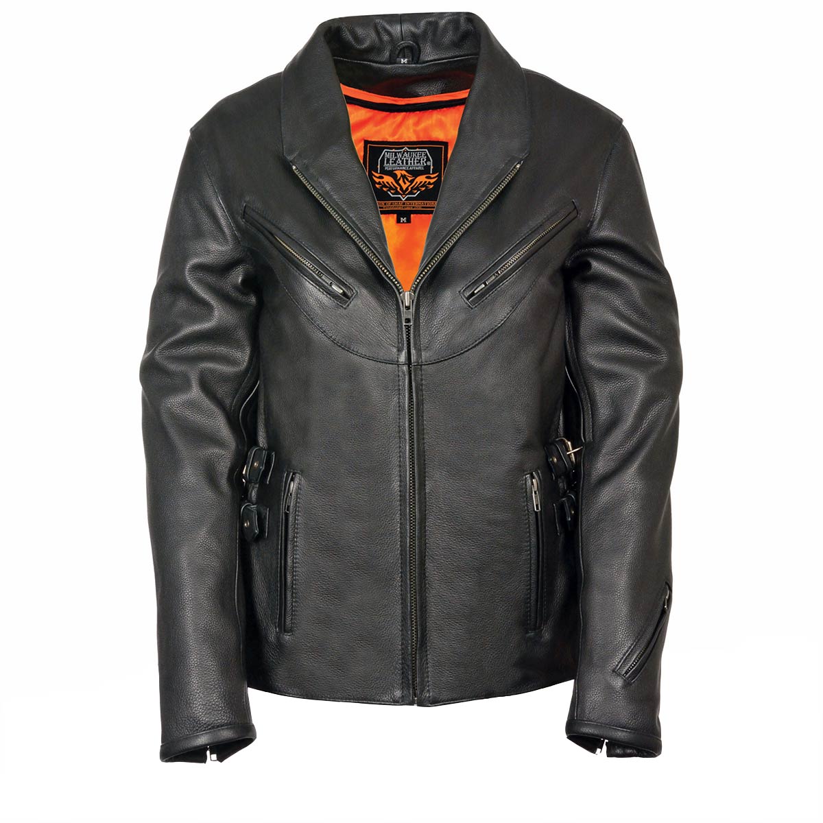 Milwaukee Leather women's black vented leather jacket with side buckles, stylish and fitted for a modern look.
