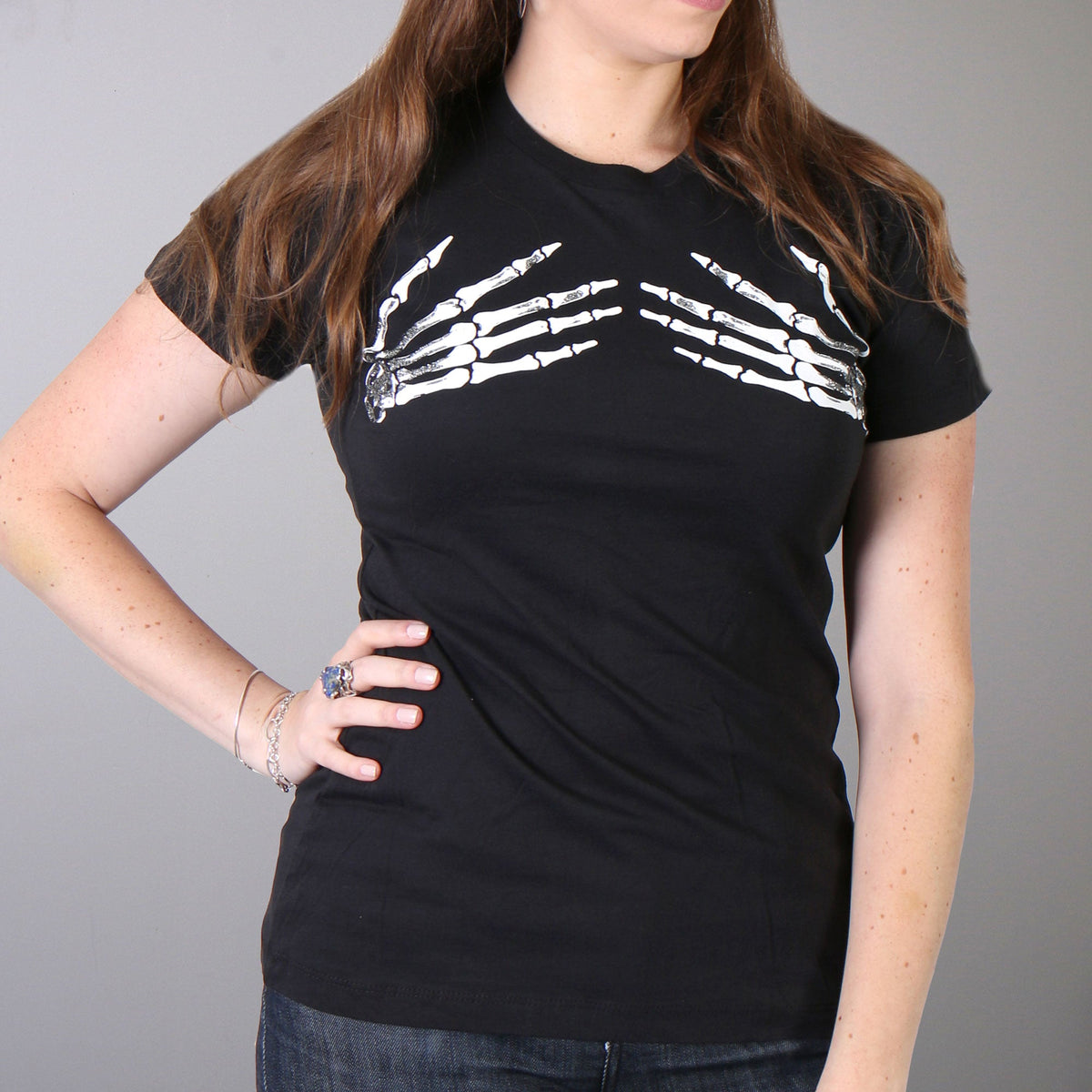 Hot Leathers ladies full cut skeleton hands short sleeve T-shirt, event-dated design with skeleton graphic, casual and stylish.