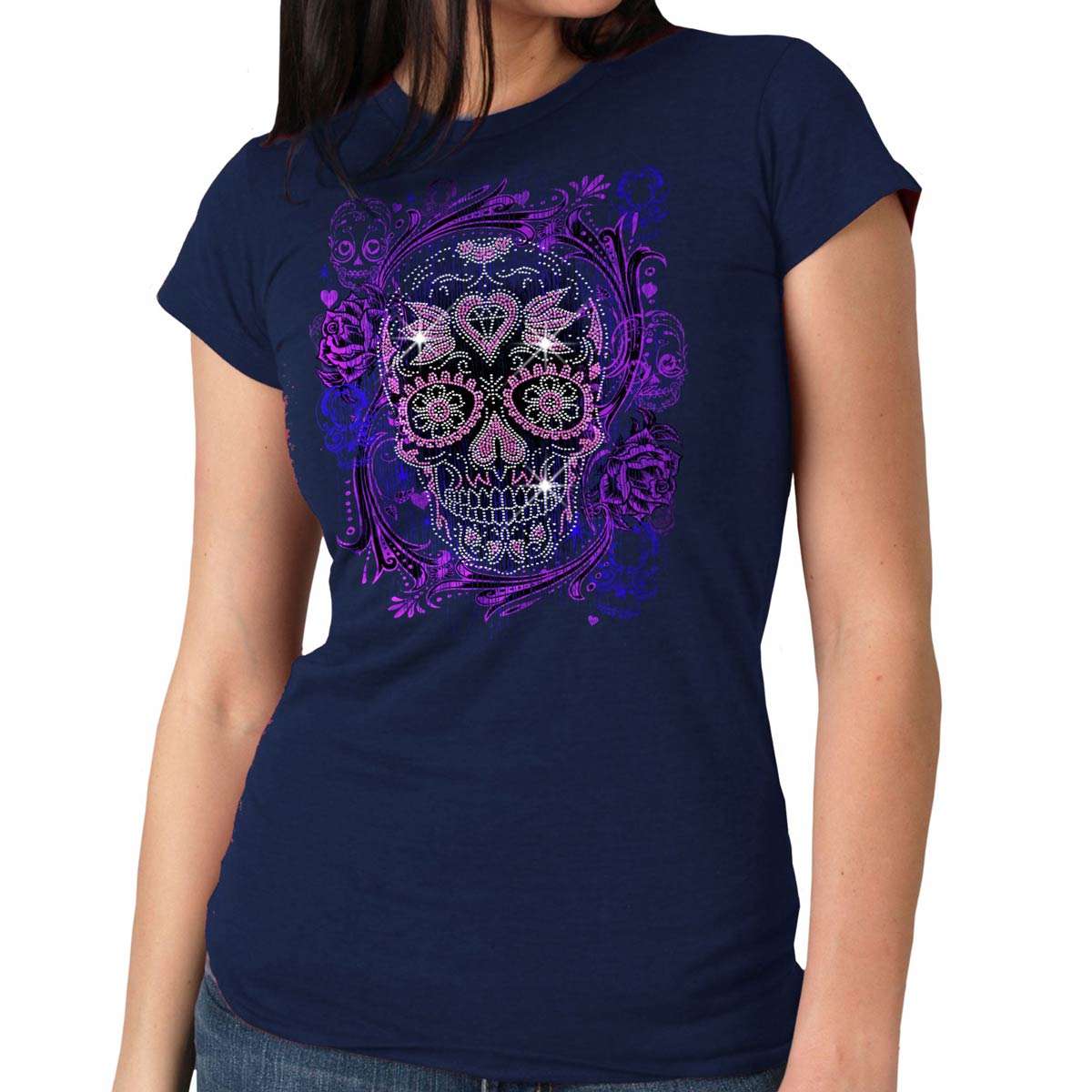 Hot Leathers Ladies black sugar skull bling T-shirt for women, featuring bold skull design and sparkling embellishments.