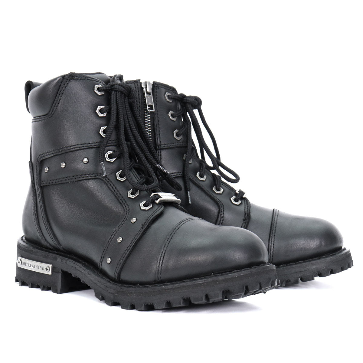 Hot Leathers ladies 7-inch-tall zip-up and lace-up studded boots, showcasing black leather with metal stud details.