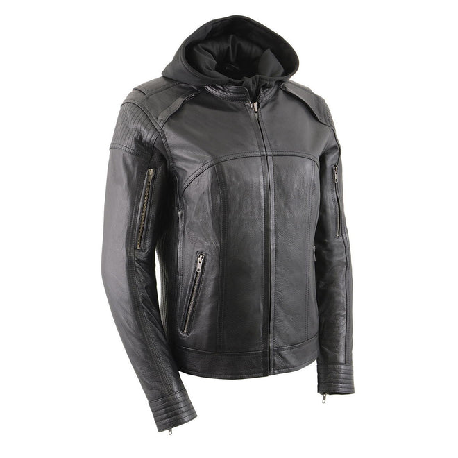 Milwaukee Leather women's vented racer leather jacket with removable hoodie liner, showcasing stylish design and vented panels.