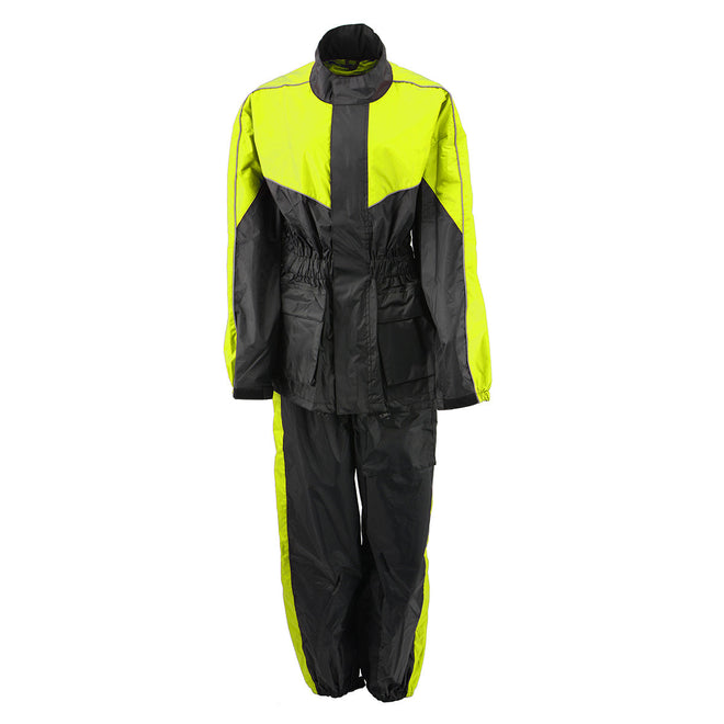 Milwaukee Leather women's XS5001 waterproof rain suit in black and hi-vis yellow with reflective piping, suitable for wet weather.