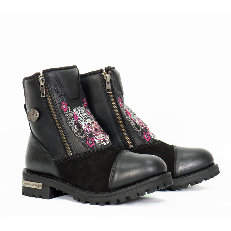 Black Hot Leathers ladies' leather boots with double zippers, skull design, cap toe, and stylish Western-inspired look.