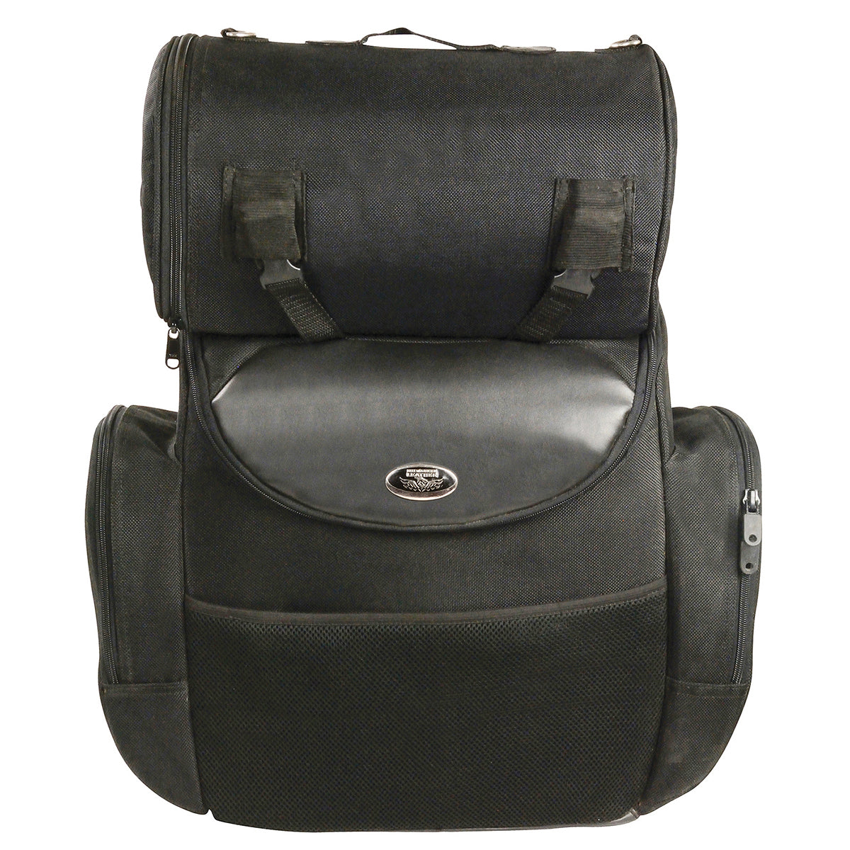 Milwaukee Leather MP8122 large black textile motorcycle sissy bar bag with two compartments on a bike.