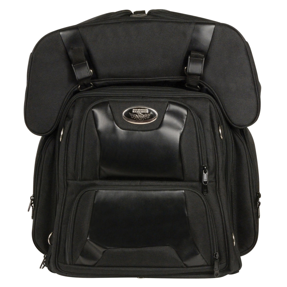 Milwaukee Leather large black textile motorcycle sissy bar bag with multiple compartments and sturdy straps for bikers.