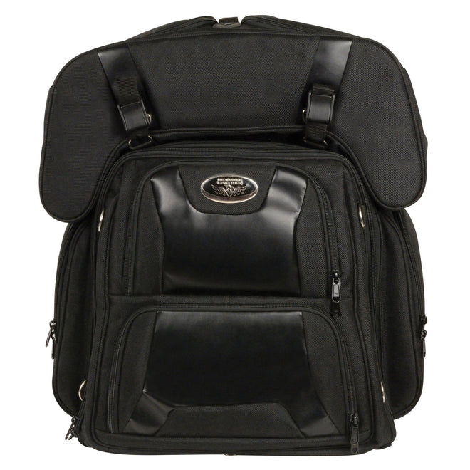Milwaukee Leather large black textile motorcycle sissy bar bag with multiple compartments and sturdy straps for bikers.