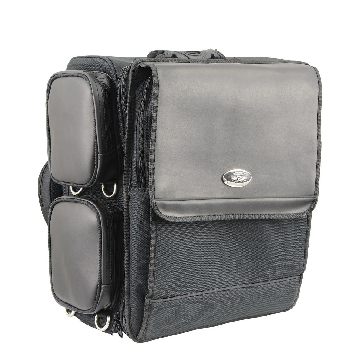 Milwaukee Leather MP8185 large black PVC motorcycle travel sissy bar bag with four pockets and sturdy straps.