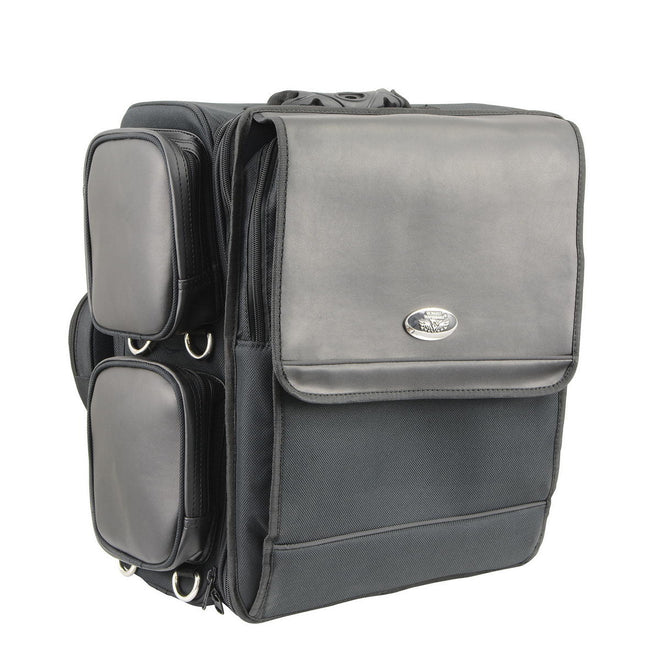 Milwaukee Leather MP8185 large black PVC motorcycle travel sissy bar bag with four pockets and sturdy straps.