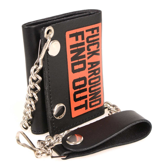 Milwaukee Leather men's black leather 4-inch biker wallet with tri-fold design and stainless steel anti-theft chain.