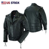 Buffalo Leather Gear men's black highway patrol leather jacket with hardware and kidney back detailing.