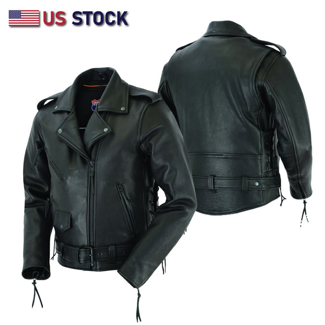 Buffalo Leather Gear men's black highway patrol leather jacket with hardware and kidney back detailing.