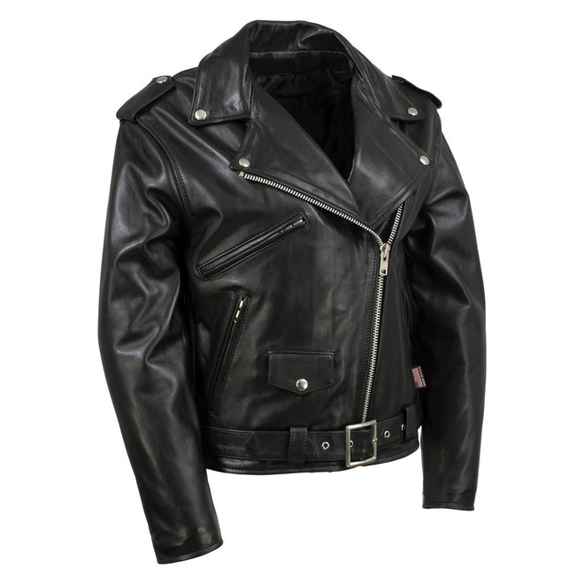 Black women's motorcycle leather jacket by Hot Leathers, classic style, premium quality, USA made, with sleek design and detailed stitching.